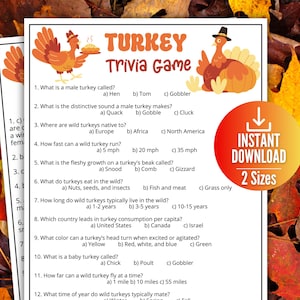 Turkey Trivia Game, Thanksgiving Party Game, Fall Trivia Game, Friendsgiving Family Trivia Game for kids and adults,Printable Classroom Game