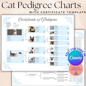 May include: A printable cat pedigree chart template with the title "Cat Pedigree Charts" and the words "With Certificate Template". The chart includes spaces for cat names, breeds, and dates of birth. The design includes images of Siamese cats.