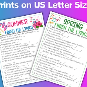 Puede incluir: Dos hojas de juego imprimibles en tama&ntilde;o US Letter. Una hoja se titula "Summer Finish the Lyrics" con letras de canciones de verano. La otra hoja se titula "Spring Finish the Lyrics" con letras de canciones de primavera.