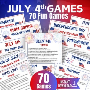 Op de afbeelding: Een verzameling printbare spelbladen voor vieringen op 4 juli, met titels zoals Presidential Word Search, State Capital Match Up, Independence Day Word Scramble en July 4th Trivia. De pagina's bevatten afbeeldingen van de Amerikaanse vlag en vuurwerkillustraties, met een opvallende ronde badge met de tekst 70 Games en Instant Download.