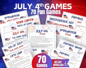 Pacote de Jogos do 4 de Julho, Perguntas e Respostas sobre o 4 de Julho, Jogo de Canções Patrióticas, Jogos do Dia da Independência, Quiz Familiar do 4 de Julho, Pacote com 70 Jogos Americanos