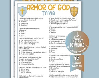 Może przedstawiać: Wydrukowany arkusz z grą typu ciekawostki zatytułowany Armor of God Trivia, zawierający czternaście pytań wielokrotnego wyboru dotyczących tematów biblijnych. Dokument zawiera ilustracje dwóch tarcz ze złotymi krzyżami oraz okrągłą odznakę.
