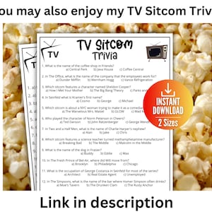 K&ouml;nnte beinhalten: Ein wei&szlig;es Blatt Papier mit dem Titel TV Sitcom Trivia, das zw&ouml;lf Multiple-Choice-Fragen zu Fernsehsendungen enth&auml;lt. Das Dokument enth&auml;lt ein kleines Fernsehsymbol und ein kreisf&ouml;rmiges orangefarbenes Abzeichen mit der Aufschrift Instant Download 2 Sizes.