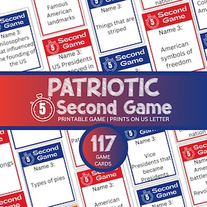 May include: A patriotic-themed Second Game with 117 game cards. The game cards feature various categories, including US Presidents, American landmarks, and symbols of freedom. The game is designed to print on US letter paper.