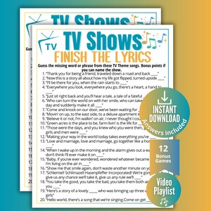 Juego de preguntas y respuestas sobre la letra de la canción de la serie de televisión, juego imprimible de música de comedia para adolescentes y adultos, actividad de memoria para centros de mayores, ideas para personas mayores, fiesta.