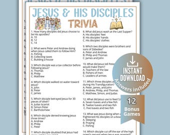 Może przedstawiać: Wydrukowany arkusz z grą trivia zatytułowany Jesus & His Disciples zawierający czternaście pytań wielokrotnego wyboru dotyczących wydarzeń biblijnych. Strona zawiera ilustrację Jezusa z uczniami, ikonę otwartej księgi oraz okrągłą odznakę.