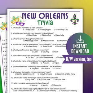 New Orlean Trivia Game, Super Football Game,NOLA Family Mardi Gras Game,Classroom Mardi Gras Activity,Mardi Gras Party Idea,Fat Tuesday Quiz