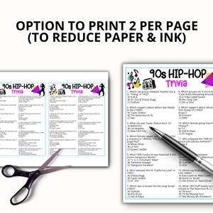 K&ouml;nnte beinhalten: Zwei bedruckte Bl&auml;tter mit 90er-Jahre-Hip-Hop-Trivia-Fragen mit einer Schere und einem Stift. Die Trivia-Bl&auml;tter haben ein farbenfrohes Design mit dem Text "90s Hip-Hop Trivia". Die Bl&auml;tter sind so konzipiert, dass sie zwei pro Seite gedruckt werden k&ouml;nnen, um Papier und Tinte zu sparen.