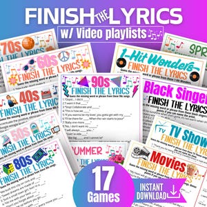 Puede incluir: Un conjunto de 17 tarjetas de juego "Finish the Lyrics", cada una con un tema musical diferente y d&eacute;cadas, como los a&ntilde;os 70, 80 y 90. Las tarjetas presentan dise&ntilde;os coloridos y indicaciones para adivinar las letras de las canciones. El texto "Descarga instant&aacute;nea" es visible.