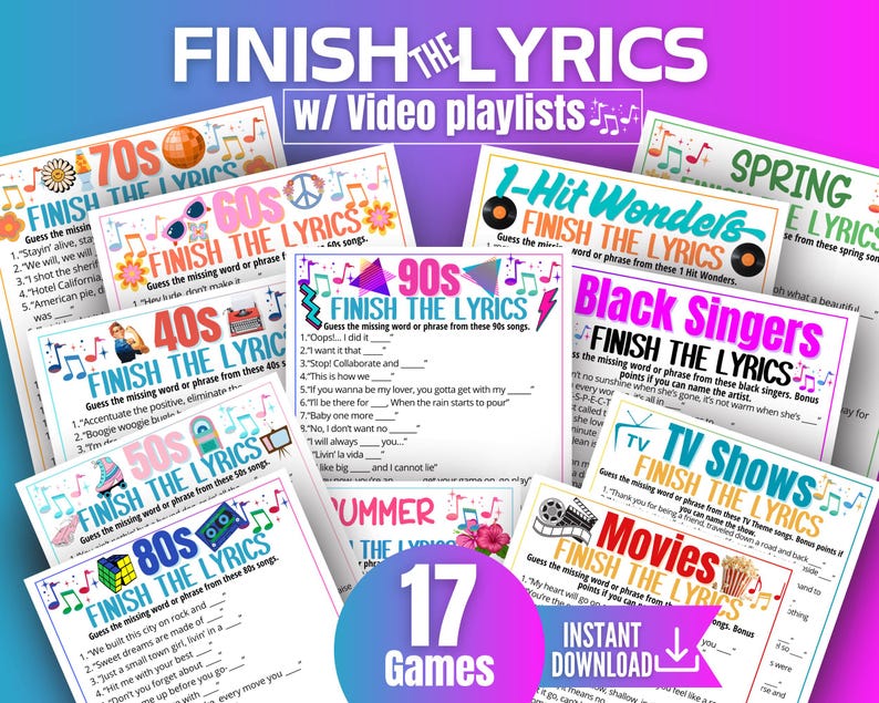 Puede incluir: Un conjunto de 17 tarjetas de juego "Finish the Lyrics", cada una con un tema musical diferente y d&eacute;cadas, como los a&ntilde;os 70, 80 y 90. Las tarjetas presentan dise&ntilde;os coloridos y indicaciones para adivinar las letras de las canciones. El texto "Descarga instant&aacute;nea" es visible.