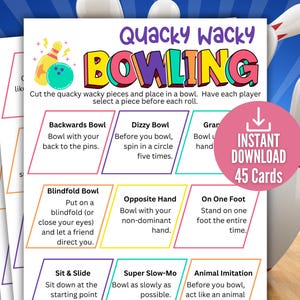 Jeu de bowling défi, Quacky loufoque bowling, 45 façons amusantes de jouer aux quilles, Défis de bowling pour fête d'anniversaire, Cartes de jeu pour fête de bureau Crazy Bowling