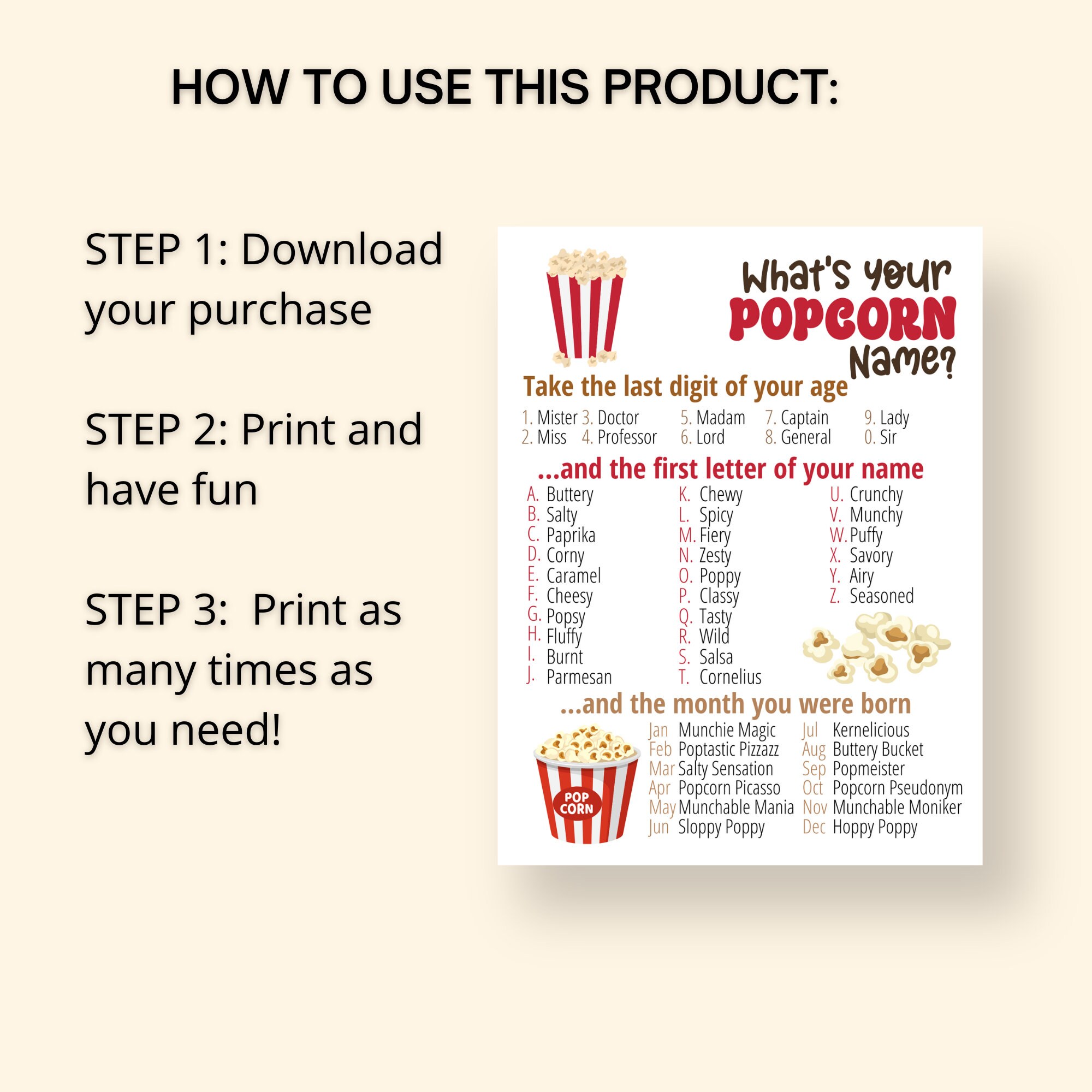 What's Your Popcorn Name Game WITH NAMETAGS SIGN, Popcorn Party Game