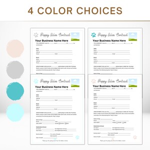 May include: Four puppy sales contracts with different colored paw prints and borders. Each contract has a header that reads "Puppy Sales Contract" and includes fields for business name, seller, buyer, and dog information. The contracts are available in four color choices.