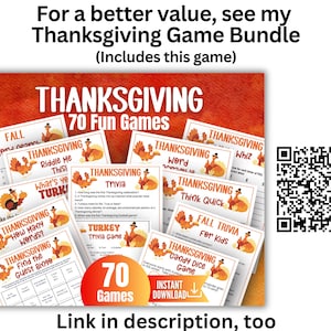 Peut inclure: Une collection de feuilles d'activit&eacute;s sur le th&egrave;me de Thanksgiving avec des illustrations de dindes et des titres de jeux comme Trivia, Word Scramble et Bingo. Le texte indique For a better value, see my Thanksgiving Game Bundle.