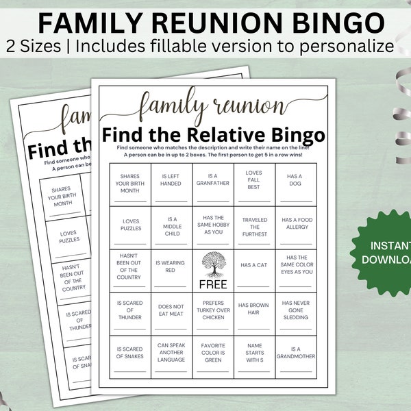 Editable Family Reunion Bingo Game, Find the Relative Bingo Game, Reunion Party Games, Reunion Icebreaker Games, Fillable PDF.