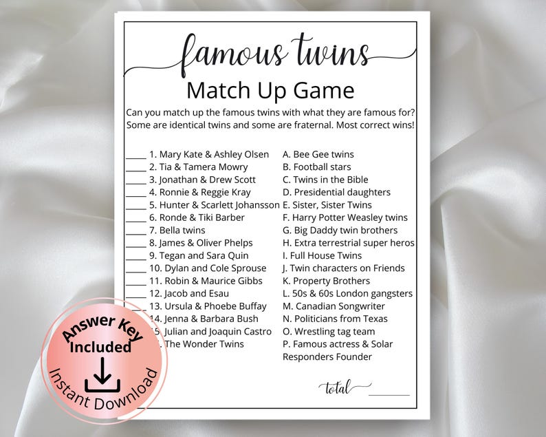 Famous Twins Trivia for Baby Showers, Printable Famous Twin Match up Game, Twin Birthday Game