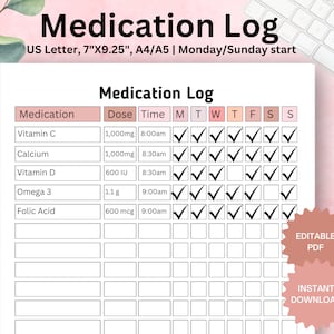 Editable Medication Log,Printable Supplement Tracking Sheet,Medication Tracker,Medication Schedule,Medication List,A4/A5/Letter/Planner H001