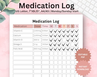 Editable Medication Log,Printable Supplement Tracking Sheet,Medication Tracker,Medication Schedule,Medication List,A4/A5/Letter/Planner H001