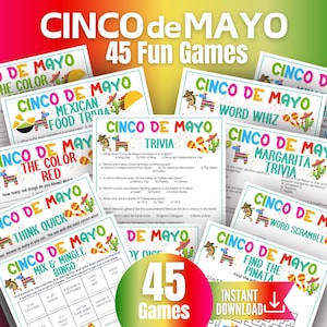 May include: A collection of Cinco de Mayo themed game sheets. The sheets feature colorful graphics and text, including trivia, word games, and bingo. The title "Cinco de Mayo" is prominently displayed, along with "45 Fun Games."