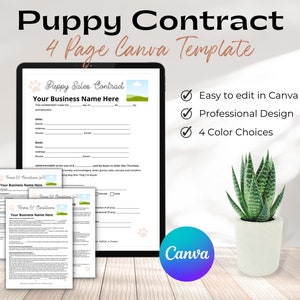May include: A digital tablet displays a "Puppy Contract" template with the text "Your Business Name Here." The image includes a plant in a white pot and the Canva logo. The template is easy to edit, has a professional design, and offers four color choices.