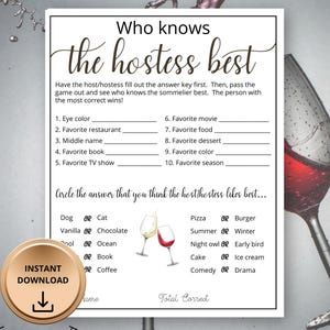 May include: A printable game card with the text "Who knows the hostess best?" and a list of questions to ask about the hostess's preferences. The card also includes a section for players to circle their answers to multiple choice questions about the hostess's likes.