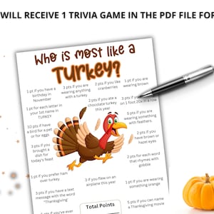 以下が含まれることがあります： Who is most like a Turkey?というタイトルの印刷可能なトリビアゲームシート。漫画の七面鳥のイラストと、感謝祭に向けた様々なポイントベースの質問が記載されています。ドキュメントにはテキストによる指示と合計ポイントを記入するスペースが含まれています。
