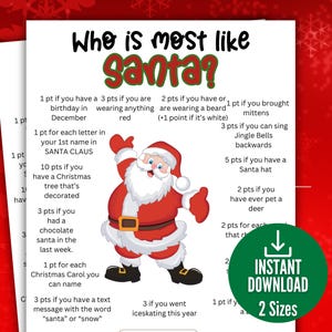 Op de afbeelding: Een printbaar kerstspel getiteld "Wie lijkt het meest op de kerstman?" toont een cartoonillustratie van de kerstman. Het spel bevat op punten gebaseerde vragen over kersttradities en -activiteiten. De woorden "Direct downloaden" en "2 maten" zijn ook zichtbaar.