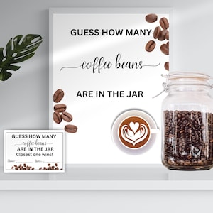 Signe du nombre de grains de café dans le bocal et cartes-réponses, signe de fête des douches sur le thème du café, jeu de devinettes en grains de café en téléchargement numérique