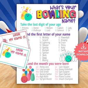 Op de afbeelding: Een printbaar bowling-spel voor kinderen. Het spel vraagt ​​spelers om het laatste cijfer van hun leeftijd, de eerste letter van hun naam en de maand waarin ze zijn geboren te nemen om hun bowlingnaam te bepalen. Het spel bevat een lijst met namen voor elke categorie.