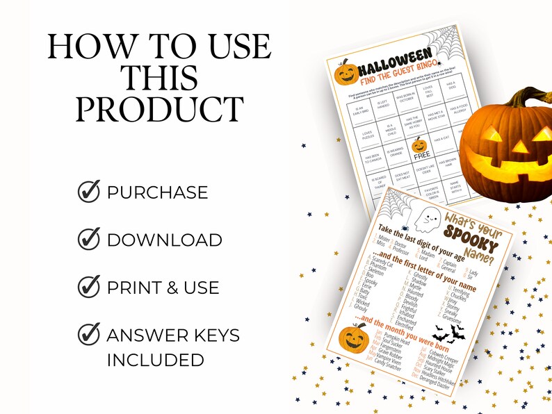 May include: Printable Halloween party game with instructions on how to use the product. The game includes a "Find the Guest Bingo" card with a pumpkin graphic and a "What's Your Spooky Name?" card with a ghost graphic.