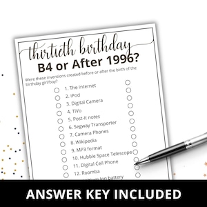 May include: A white paper game sheet titled thirtieth birthday B4 or After 1996? with a list of twelve inventions including The Internet, iPod, and Digital Camera, each with a checkbox. A silver and black pen rests on the paper.