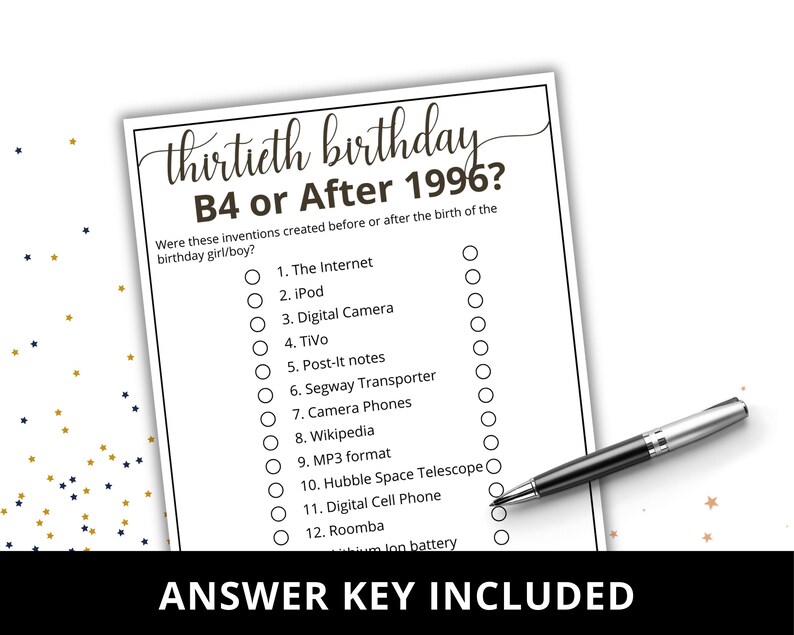 May include: A white paper game sheet titled thirtieth birthday B4 or After 1996? with a list of twelve inventions including The Internet, iPod, and Digital Camera, each with a checkbox. A silver and black pen rests on the paper.