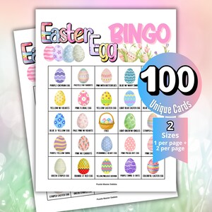 May include: Two Easter Bingo game sheets with colorful Easter egg designs. The top sheet reads "Easter Egg Bingo" with the text "100 Unique Cards" and "2 Sizes". The bingo cards feature various decorated eggs.