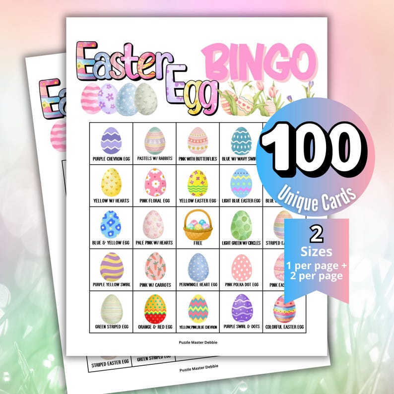 May include: Two Easter Bingo game sheets with colorful Easter egg designs. The top sheet reads "Easter Egg Bingo" with the text "100 Unique Cards" and "2 Sizes". The bingo cards feature various decorated eggs.