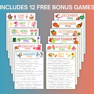 May include: A collection of 12 trivia game cards, each themed for a different month. The cards feature colorful illustrations and the text "INCLUDES 12 FREE BONUS GAMES". Each card has trivia questions related to the month.