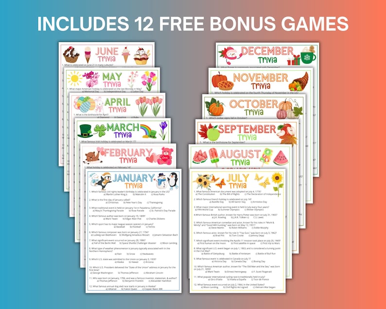 May include: A collection of 12 trivia game cards, each themed for a different month. The cards feature colorful illustrations and the text "INCLUDES 12 FREE BONUS GAMES". Each card has trivia questions related to the month.