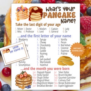 What&#39;s Your Pancake Name Game WITH NAMETAGS + SIGN, Sleepover Slumber Party Game, Pancake Breakfast and Brunch, Shrove Tuesday, Pancake Day
