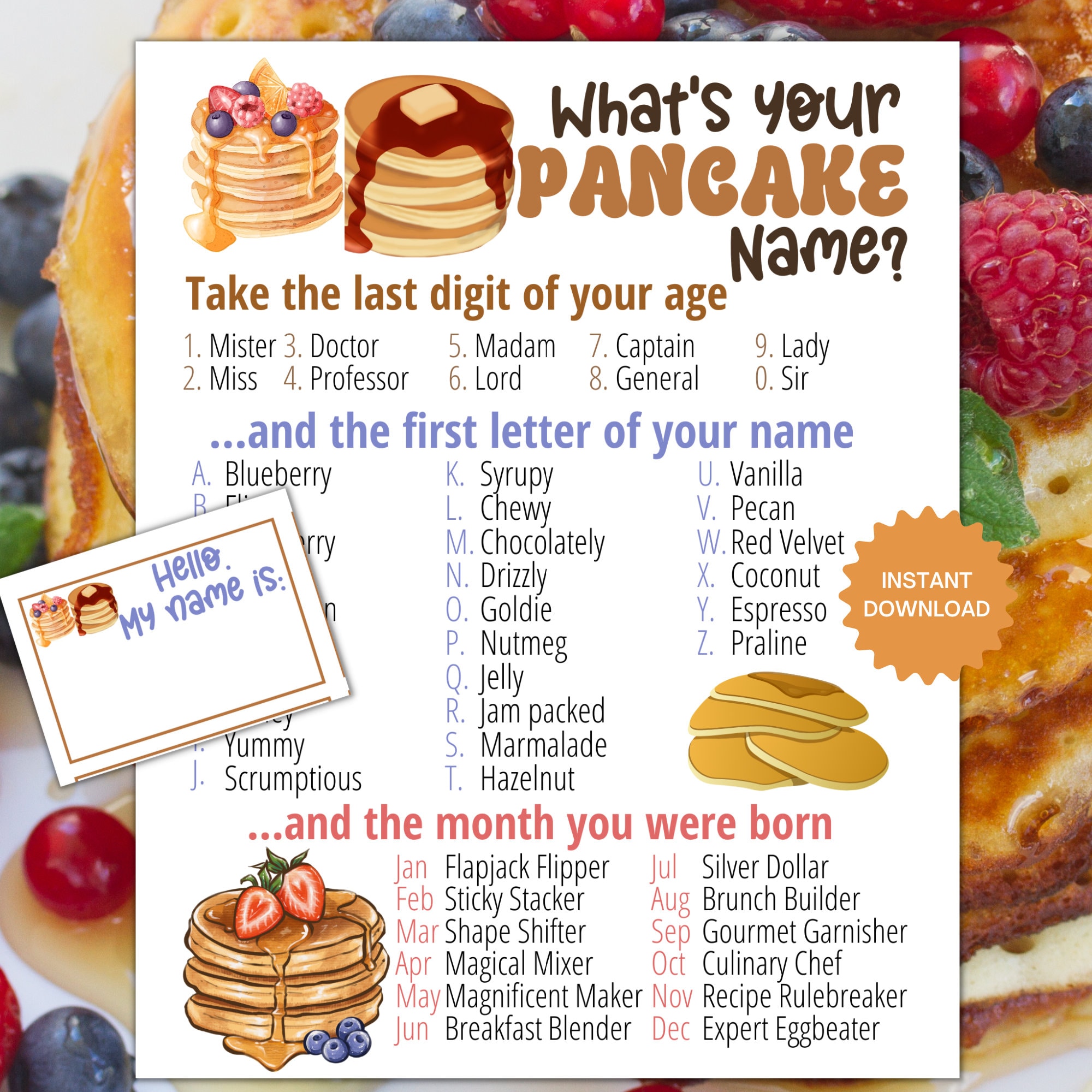 What's Your Pancake Name Game WITH NAMETAGS SIGN, Sleepover Slumber