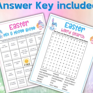 May include: Two printable Easter game cards. The first card is a bingo card with a pink and blue background and a bunny rabbit illustration. The second card is a word search puzzle with a blue and pink background and a bunny rabbit illustration. The word search puzzle has the words "Easter Bunny", "Palm Sunday", "Good Friday", "Resurrection", "Easter Bunny", "Lent", "Spring", "Holy Week", "Dye", "Eggs", "Chocolate", "Bonnet", "Basket", "Cross", "Parade", "Flowers", "Ash Wednesday", "Jelly Beans".