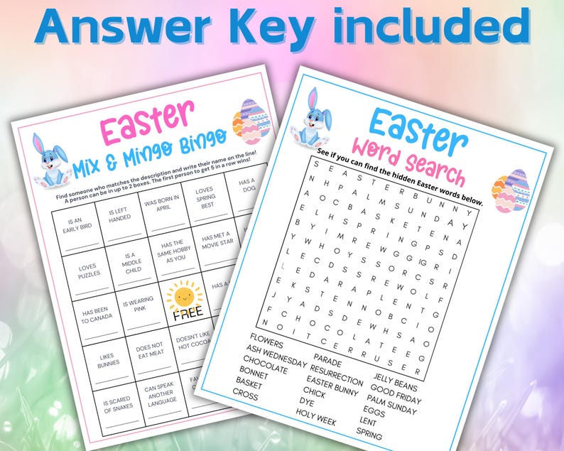 May include: Two printable Easter game cards. The first card is a bingo card with a pink and blue background and a bunny rabbit illustration. The second card is a word search puzzle with a blue and pink background and a bunny rabbit illustration. The word search puzzle has the words "Easter Bunny", "Palm Sunday", "Good Friday", "Resurrection", "Easter Bunny", "Lent", "Spring", "Holy Week", "Dye", "Eggs", "Chocolate", "Bonnet", "Basket", "Cross", "Parade", "Flowers", "Ash Wednesday", "Jelly Beans".