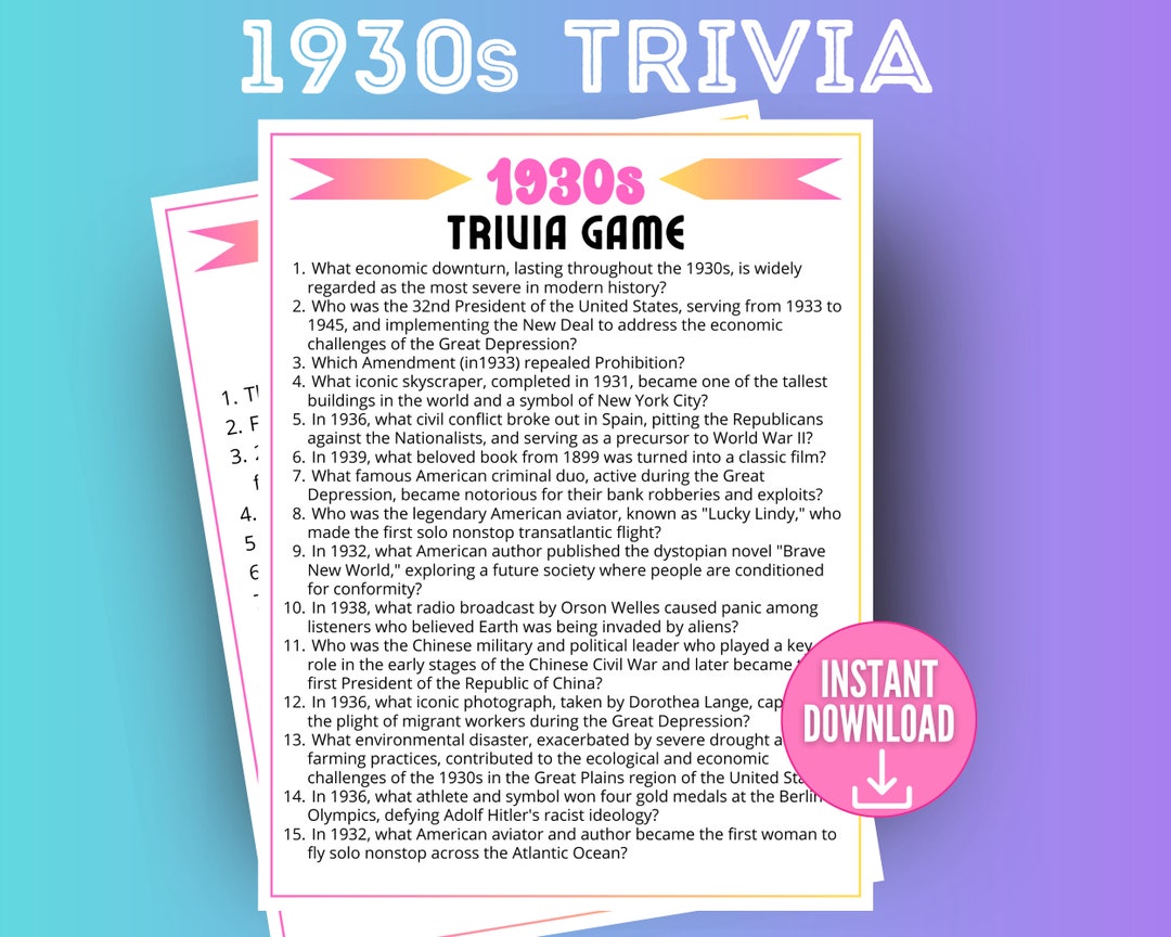 1930s Decade Trivia Game, Trivia Questions, 30s Trivia Quiz, 1960s ...