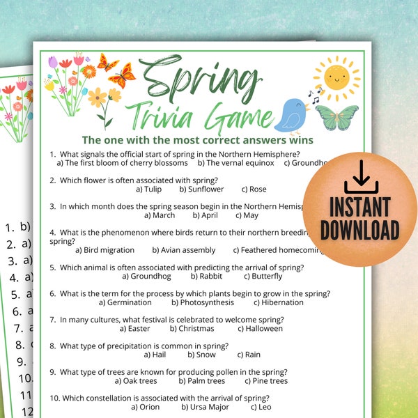 Spring Trivia,Printable Multiple Choice Spring Game for Kids & Adults,Classroom Spring Activity,Spring Party Idea,Spring ideas for Teachers