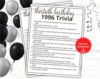 1996 Trivia Spiel, 30 Jahre Geburtstag Partyspiele, Born in 1996 Spiel, 1996 Geburtstagsspiele, 30 Jahre Geburtstagsspiele, 1996 Popkultur