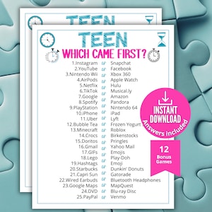 Puede incluir: Una hoja de juego imprimible titulada TEEN WHICH CAME FIRST? con una lista de 25 preguntas comparativas sobre marcas y tecnologías populares. El papel blanco tiene bordes azules, iconos de reloj y una insignia circular rosa.