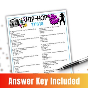 May include: A white sheet of paper with "HIP-HOP Trivia" printed on it, featuring multiple-choice questions about hip-hop music. A black pen rests on the paper, and the words "Answer Key Included" are at the bottom.