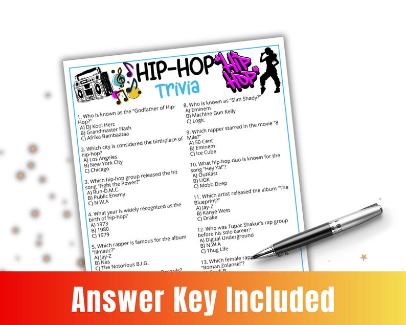 May include: A white sheet of paper with "HIP-HOP Trivia" printed on it, featuring multiple-choice questions about hip-hop music. A black pen rests on the paper, and the words "Answer Key Included" are at the bottom.