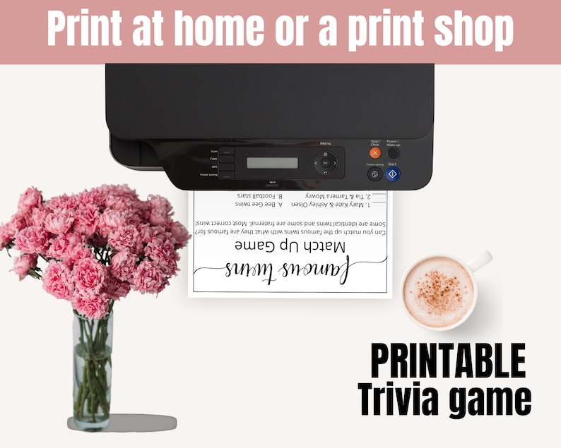 May include: Printable trivia game with a white background and black text. The game is called "Famous Twins Match Up Game". The text says "Can you match up the famous twins with what they are famous for? Some are identical twins and some are fraternal. Most correct wins!"  The text also says "1. Mary Kate & Ashley Olsen", "2. Tia & Tamera Mowry", "A. Bee Gee twins", "B. Football stars".