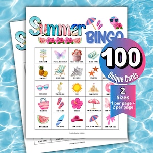 May include: Summer Bingo game with colorful illustrations of beach-themed items like a pineapple, sunglasses, and a beach bag. The game includes 100 unique cards in two sizes. The word "Summer" is written in a playful font.
