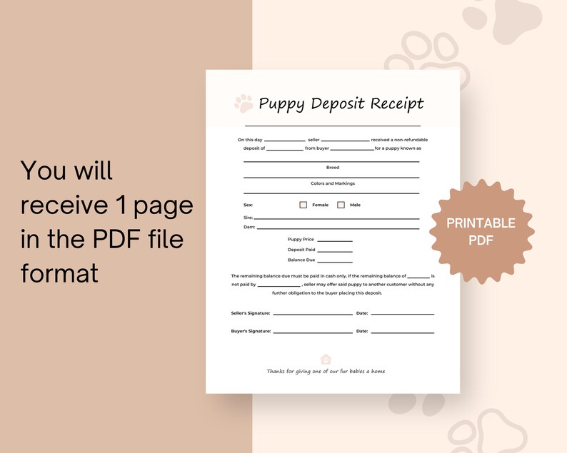 Puppy Deposit Receipt Dog Breeder Forms Printable PDF Etsy
