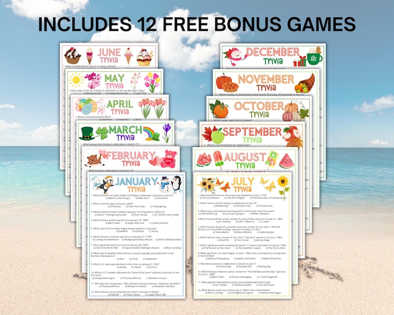 Puede incluir: Una colecci&oacute;n de doce hojas de juegos de trivia mensuales con ilustraciones estacionales y preguntas para cada mes del a&ntilde;o, con el texto INCLUDES 12 FREE BONUS GAMES mostrado en la parte superior de los documentos de papel blanco.